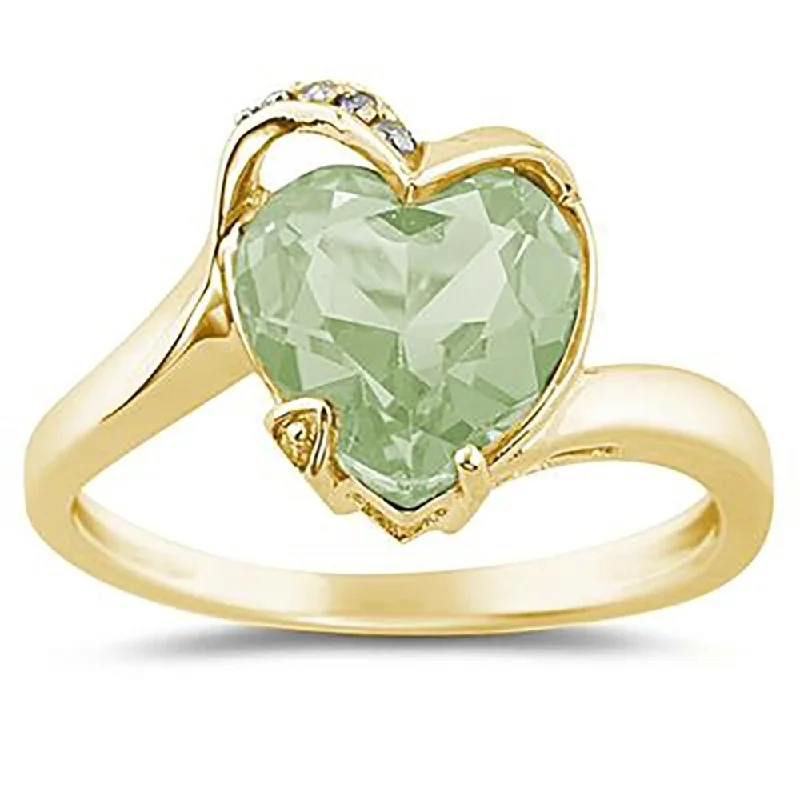 Heart Shaped Green Amethyst and Diamond Curve Ring in 14K Yellow Gold