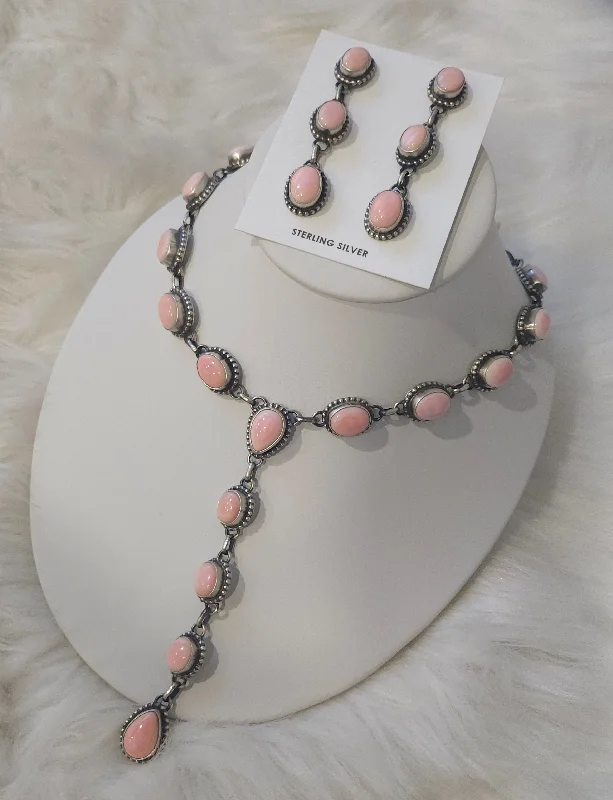 birthstone necklaces for women -Stamped Sterling Silver Pink Conch Shell Lariat Drop Necklace & Earring Set