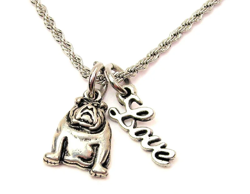 trendy long necklaces for women -Sitting Bulldog 20" Chain Necklace With Cursive Love Accent