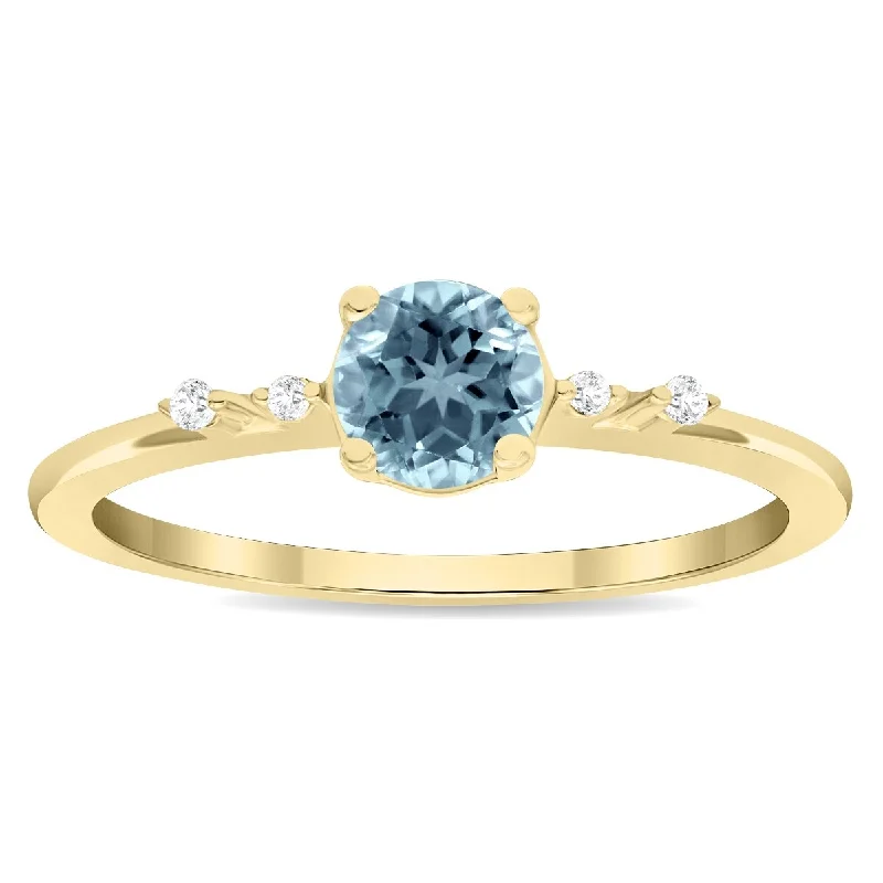 Women's Round Shaped Aquamarine and Diamond Sparkle Ring in 10K Yellow Gold