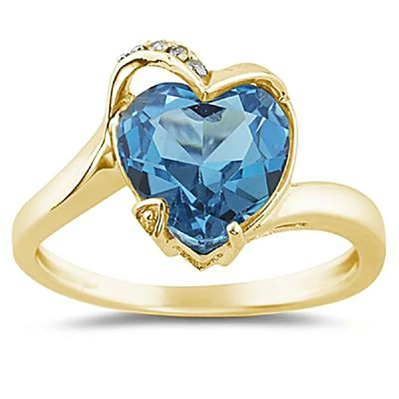 Heart Shaped Blue Topaz and Diamond Curve Ring in 14K Yellow Gold