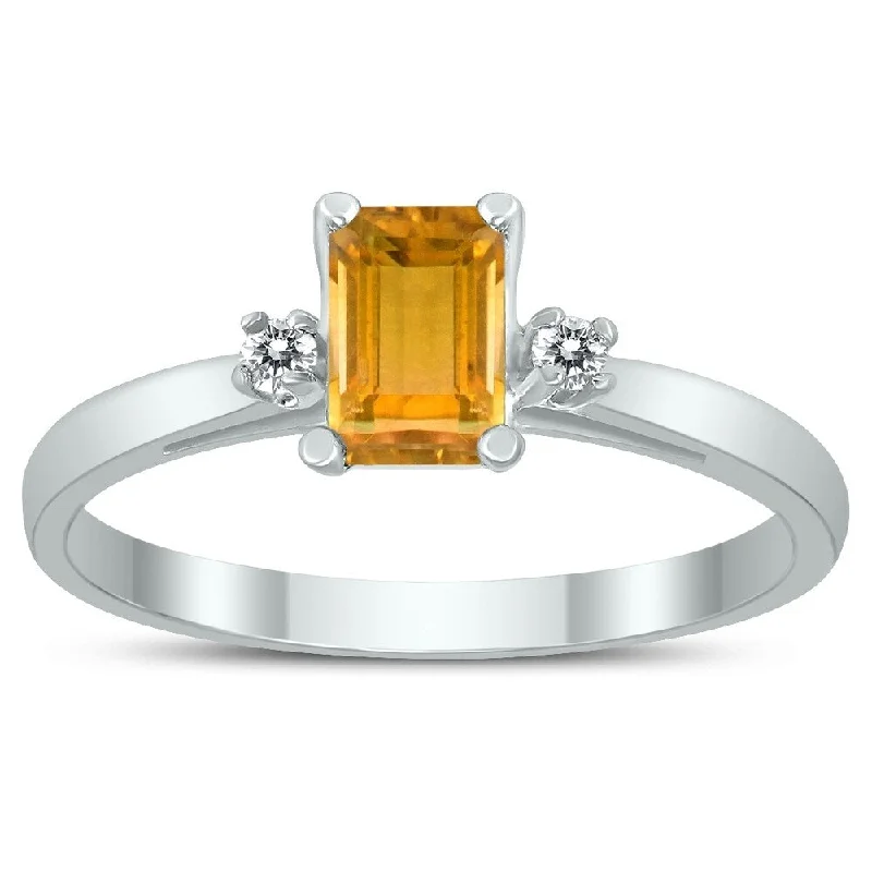 Emerald Cut 6X4MM Citrine and Diamond Three Stone Ring in 10K White Gold