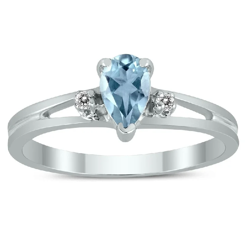 6X4MM Aquamarine and Diamond Pear Shaped Open Three Stone Ring in 10K White Gold