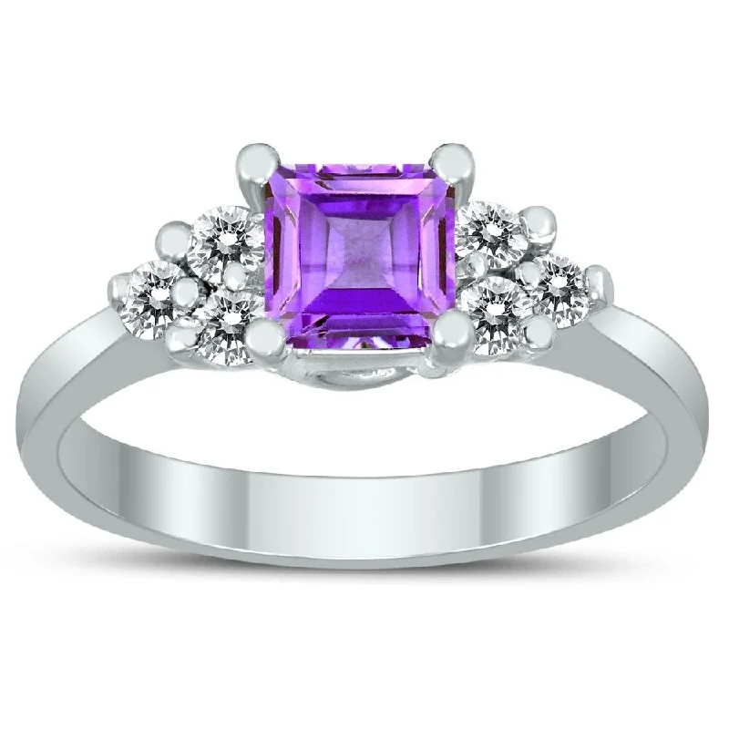 Princess Cut 5X5MM Amethyst and Diamond Duchess Ring in 10K White Gold