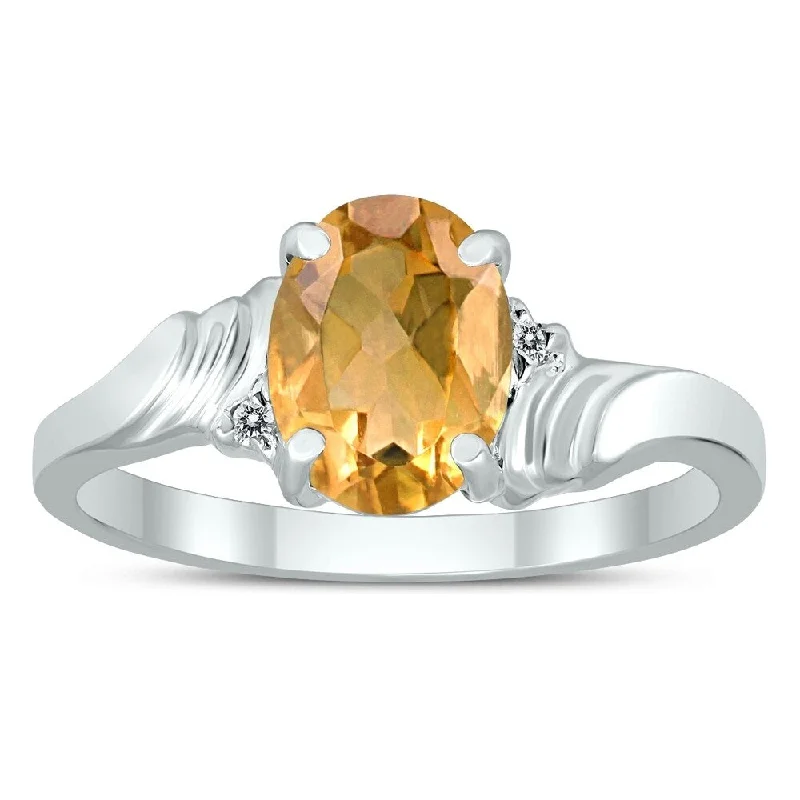 8X6MM Citrine and Diamond Wave Ring in 10K White Gold