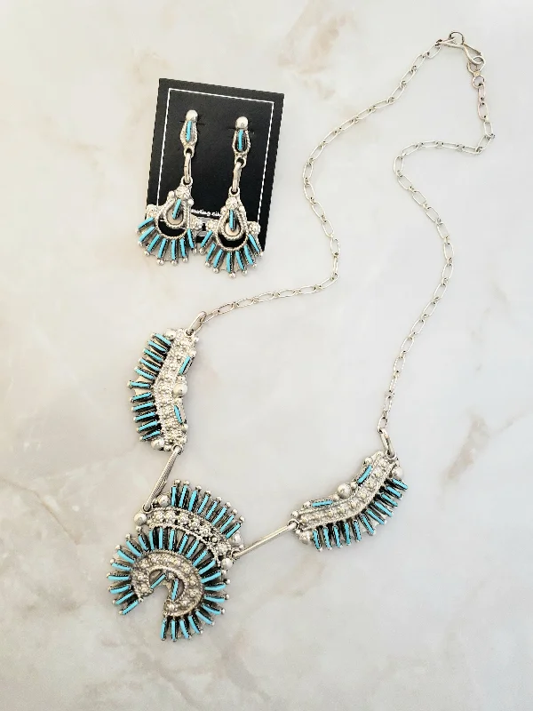 zodiac necklaces for women -Stamped Sterling Silver Zuni Turquoise Needlepoint Necklace & Earring Set