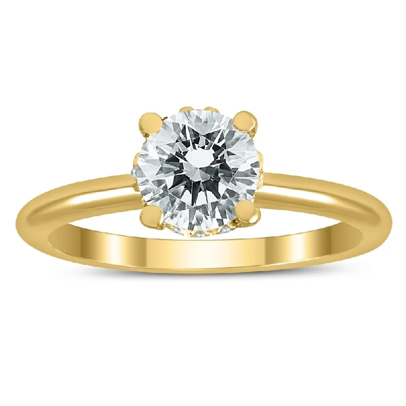 AGS Certified Diamond Solitaire Crown Ring in 14K Yellow Gold with Side Profile Diamonds