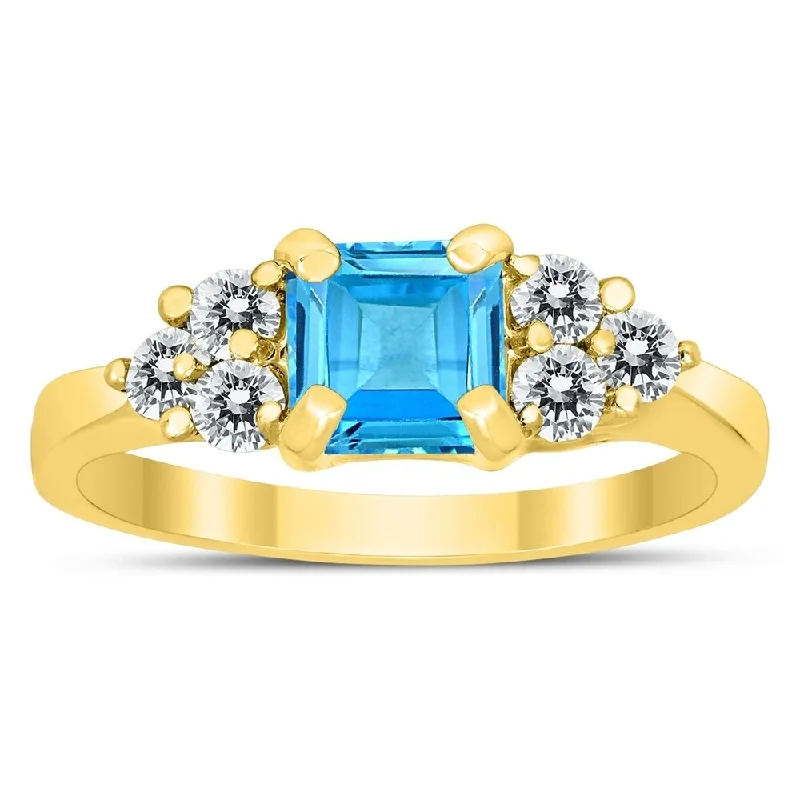 Princess Cut 6X6MM Blue Topaz and Diamond Duchess Ring in 10K Yellow Gold