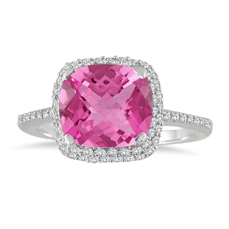 3 1/2 Carat Cushion Cut Pink Topaz and Diamond Halo Ring in 10K White Gold