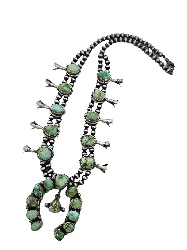 boho chic necklaces for women -Stamped Sterling Silver Verde Valley Turquoise Naja Squash Blossom Necklace