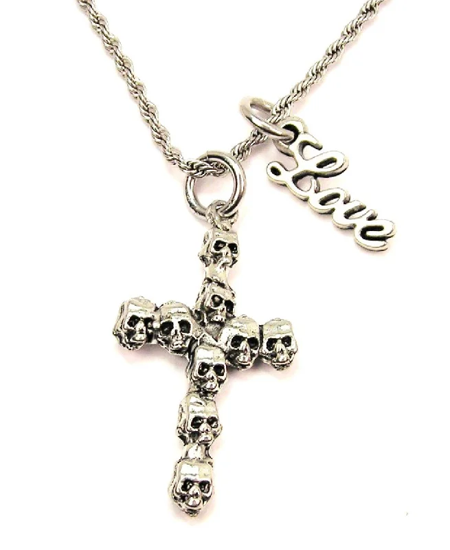 fashion statement necklaces for women -Skull Cross 20" Chain Necklace With Cursive Love Accent