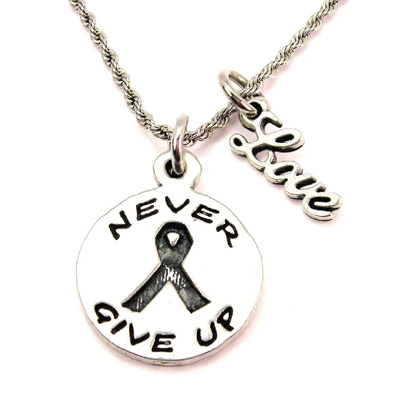 choker necklaces for women -Never Give Up With Awareness Ribbon 20" Chain Necklace With Cursive Love Accent