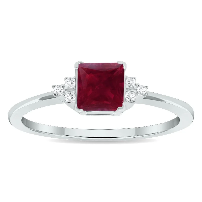 Women's Princess Cut Ruby and Diamond Half Moon Ring in 10K White Gold