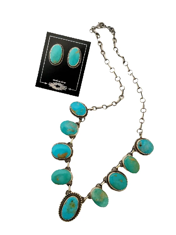 zodiac necklaces for women -Stamped Sterling Silver Turquoise Necklace & Earring Set