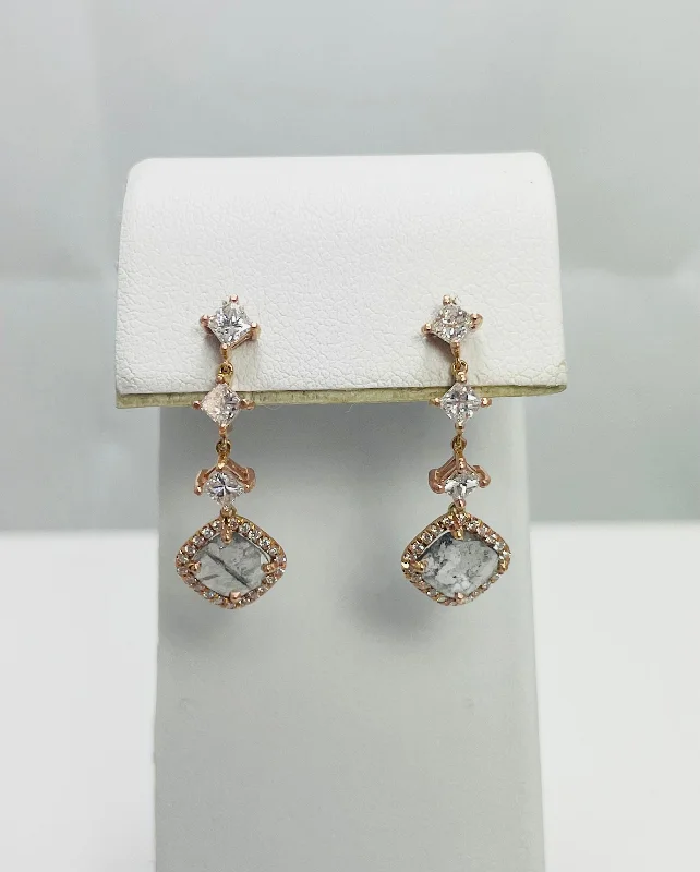 anniversary gemstone rings -geometric earrings for women -New! 14k Rose Gold Natural Diamond Slice Dangle Earrings