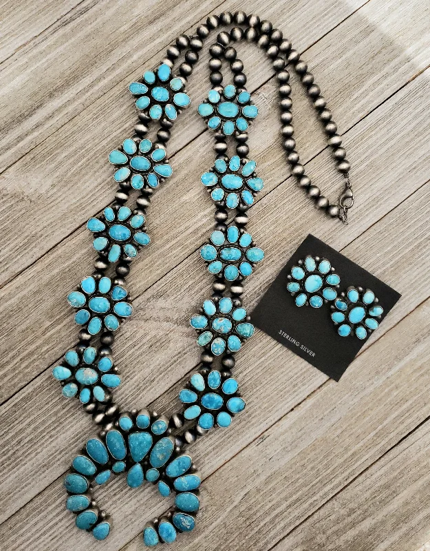 unique necklaces for women -Stamped Sterling Silver Navajo Pearl Turquoise Naja Cluster Necklace & Earring Set