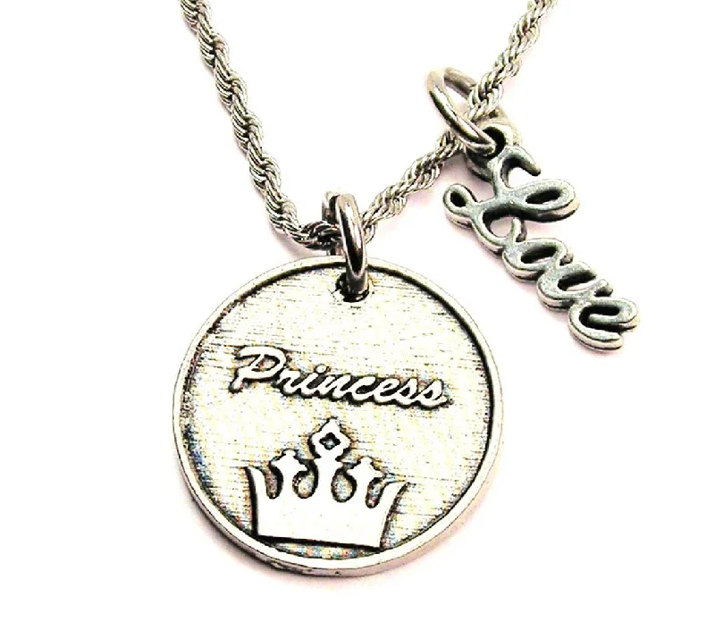 gemstone pendant necklaces for women -Princess With Crown 20" Chain Necklace With Cursive Love Accent