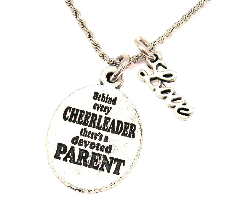 charm necklaces for women -Behind Every Cheerleader Is A Devoted Parent 20" Chain Necklace With Cursive Love Accent