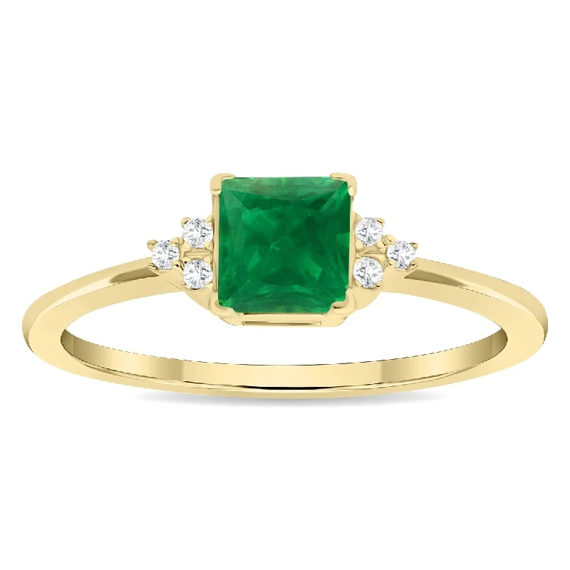 Women's Square Shaped Emerald and Diamond Half Moon Ring in 10K Yellow Gold