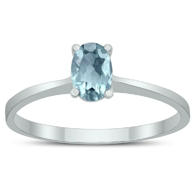 Oval Solitaire 6X4MM Aquamarine Ring in 10K White Gold