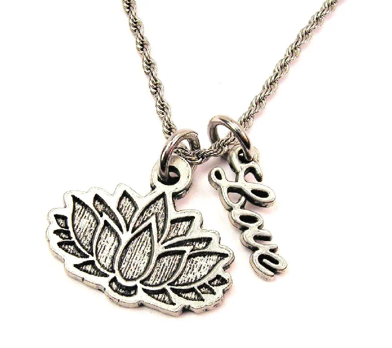 boho chic necklaces for women -Detailed Lotus Flower 20" Chain Necklace With Cursive Love Accent