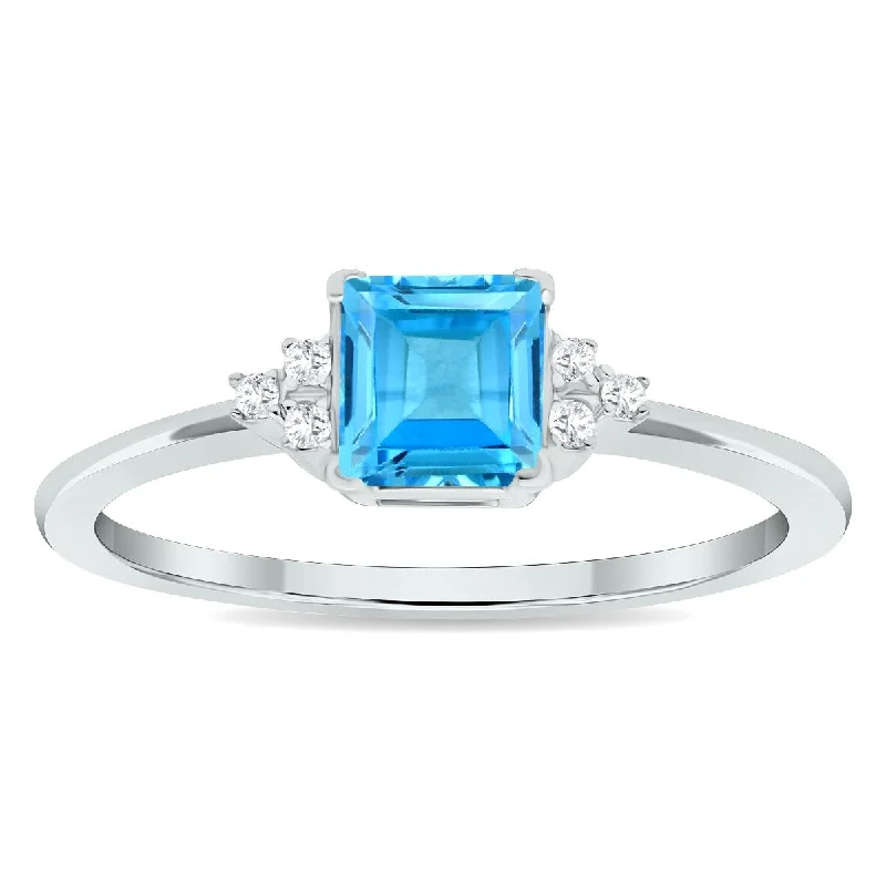 Women's Princess Cut Blue Topaz and Diamond Half Moon Ring in 10K White Gold