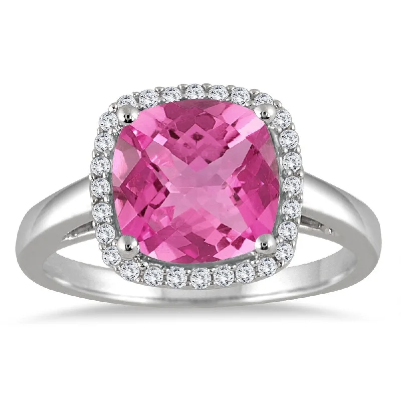 3 1/2 Carat Cushion Cut Pink Topaz and Diamond Halo Ring in 10K White Gold