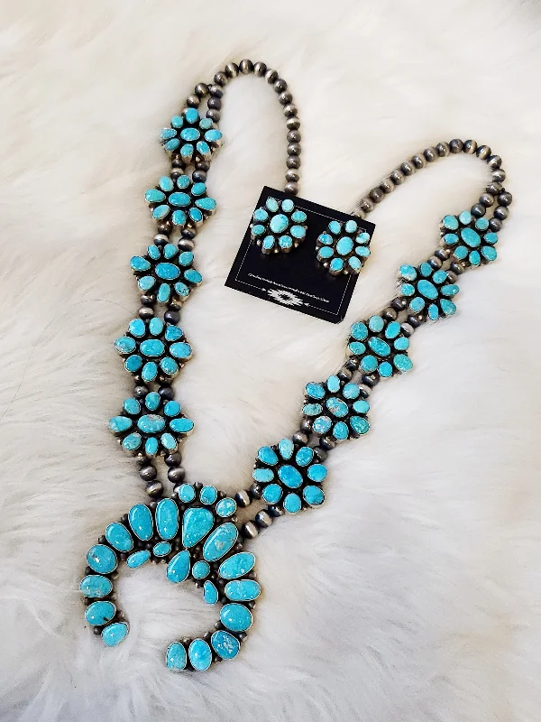 fashion necklaces for women -Stamped Sterling Silver Turquoise Cluster Naja Squash Blossom Necklace & Earring Set