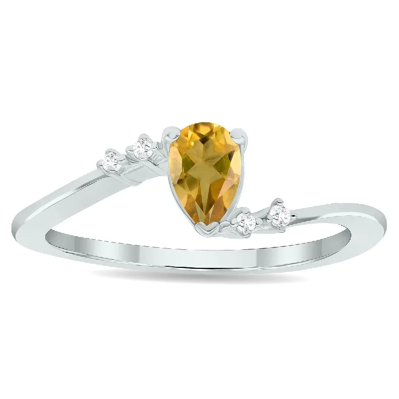 Women's Citrine and Diamond Wave Ring in 10K White Gold