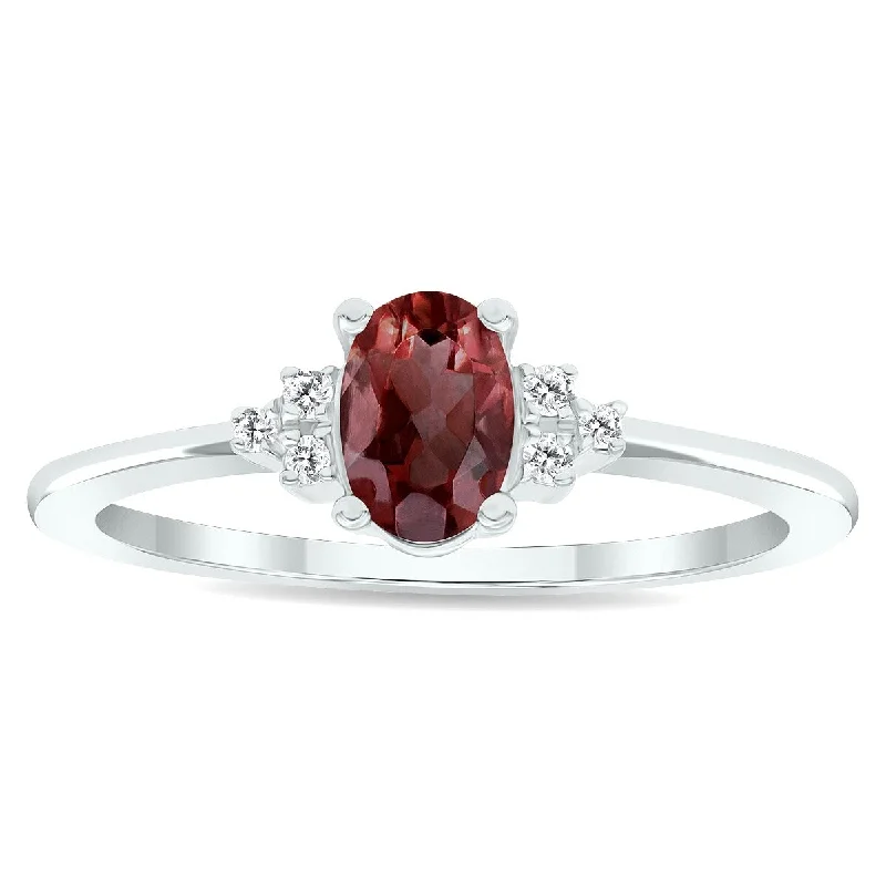 Women's Garnet and Diamond Half Moon Ring in 10K White Gold