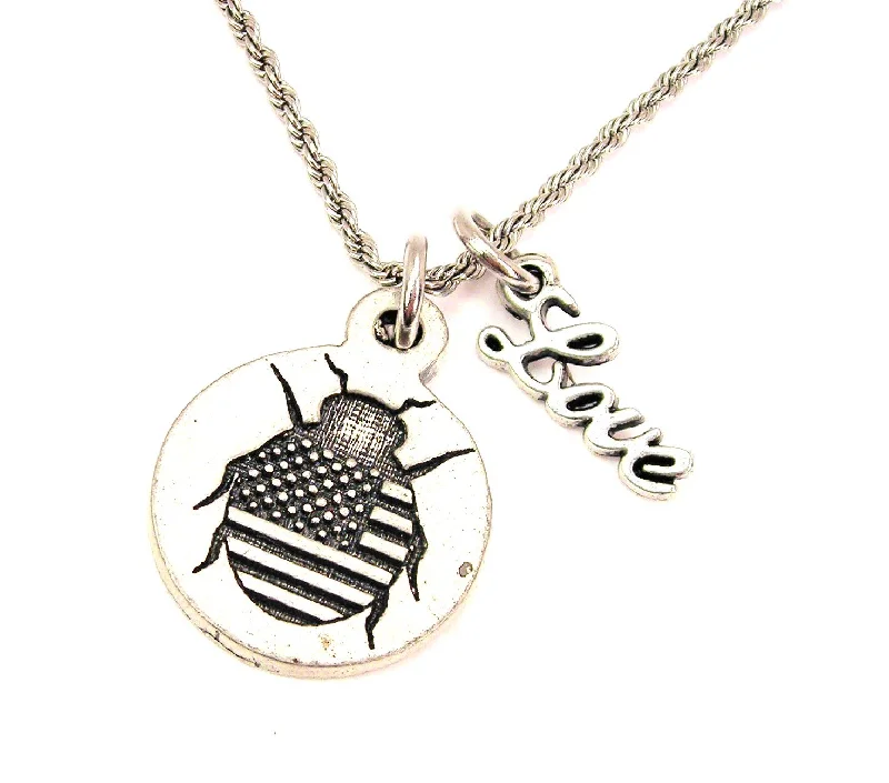 trendy long necklaces for women -American Flag Lady Bug 20" Chain Necklace With Cursive Love Accent