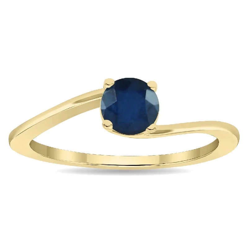 Women's Round Shaped Solitaire Sapphire Wave Ring in 10K Yellow Gold