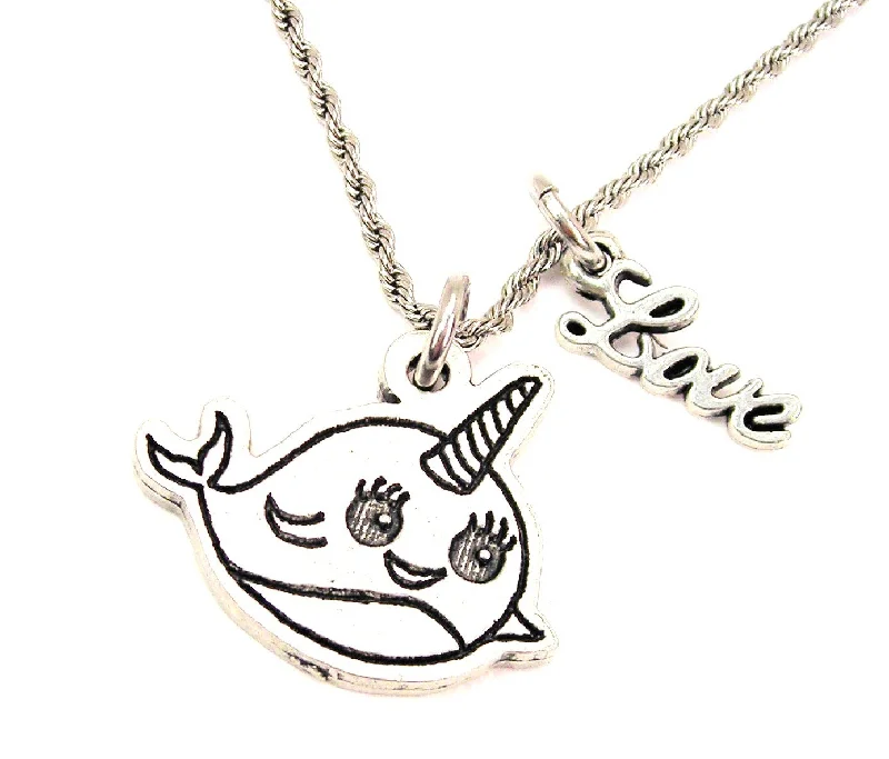 birthstone pendant necklaces -Baby Narwhal 20" Chain Necklace With Cursive Love Accent