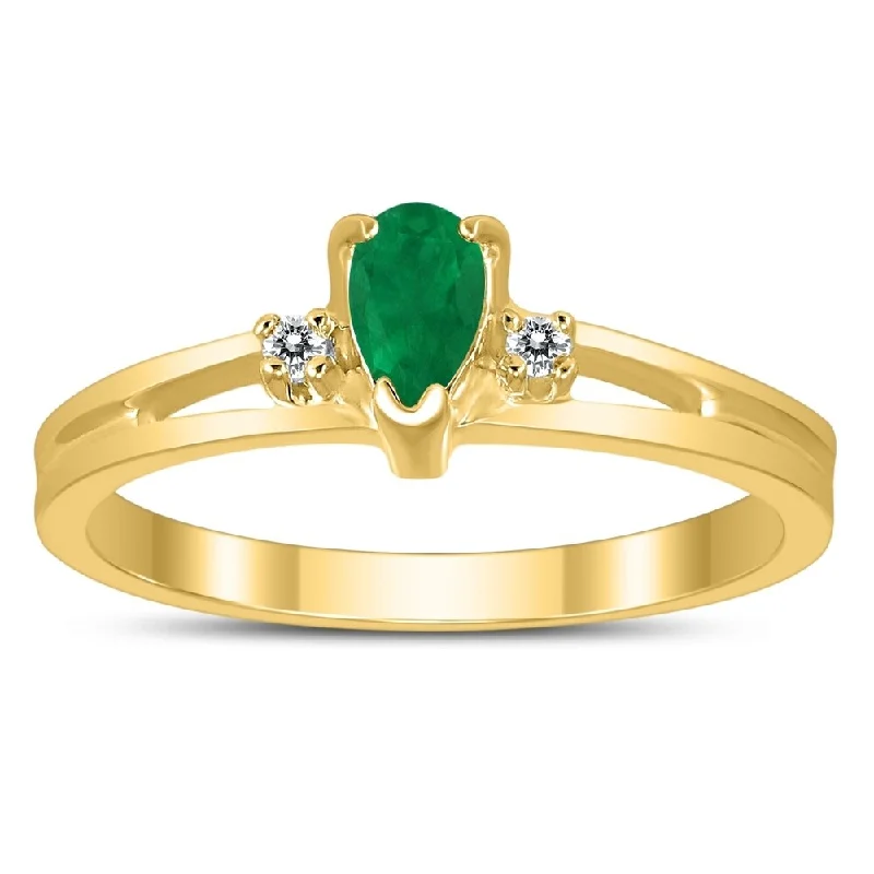 5X3MM Emerald and Diamond Pear Shaped Open Three Stone Ring in 10K Yellow Gold