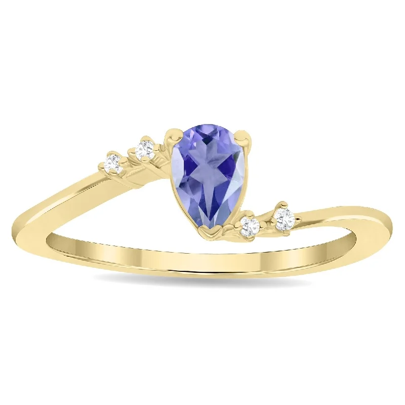 Women's Pear Shaped Tanzanite and Diamond Wave Ring in 10K Yellow Gold