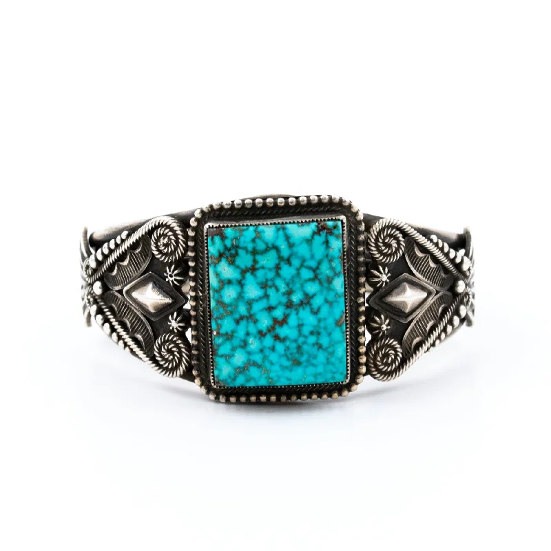 gemstone bracelets for women -Squared Webby Kingman Turquoise Cuff