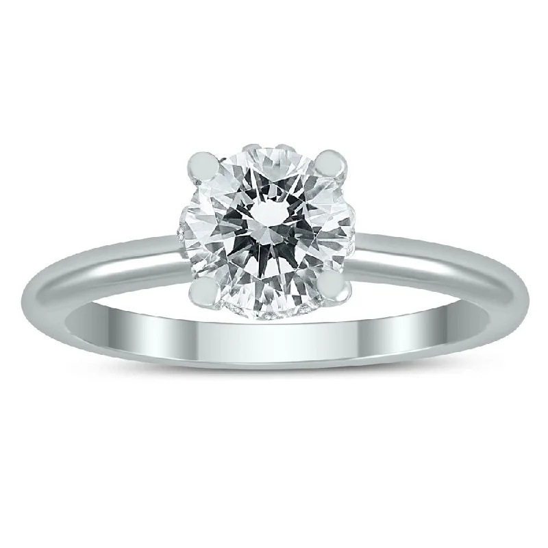 AGS Certified Diamond Solitaire Crown Ring in 14K White Gold with Side Profile Diamonds