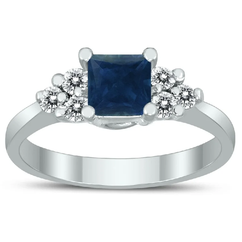 Princess Cut 5X5MM Sapphire and Diamond Duchess Ring in 10K White Gold