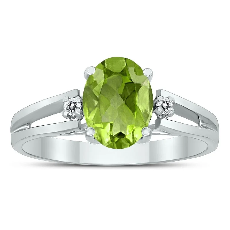 8X6MM Peridot and Diamond Open Three Stone Ring in 10K White Gold