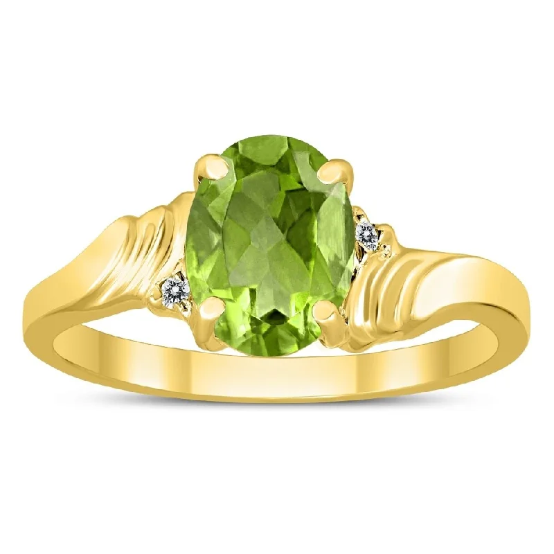 8X6MM Peridot and Diamond Wave Ring in 10K Yellow Gold