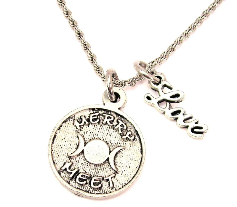 heart necklaces for women -Merry Meet With Triple Moon 20" Chain Necklace With Cursive Love Accent