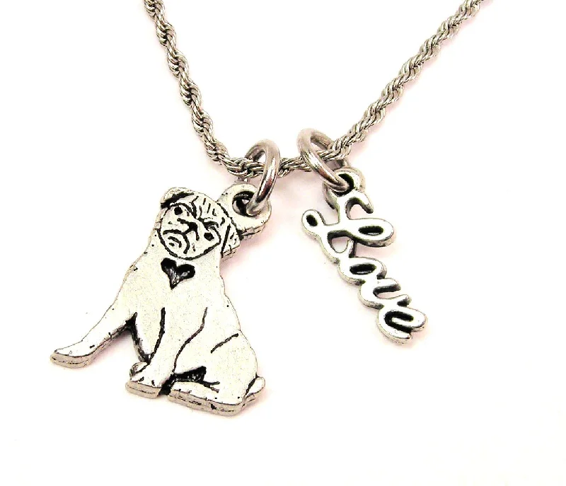 engagement necklaces for women -Sitting Pug 20" Chain Necklace With Cursive Love Accent