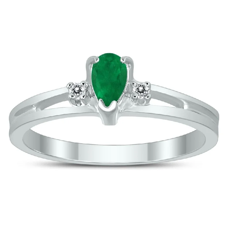 5X3MM Emerald and Diamond Pear Shaped Open Three Stone Ring in 10K White Gold