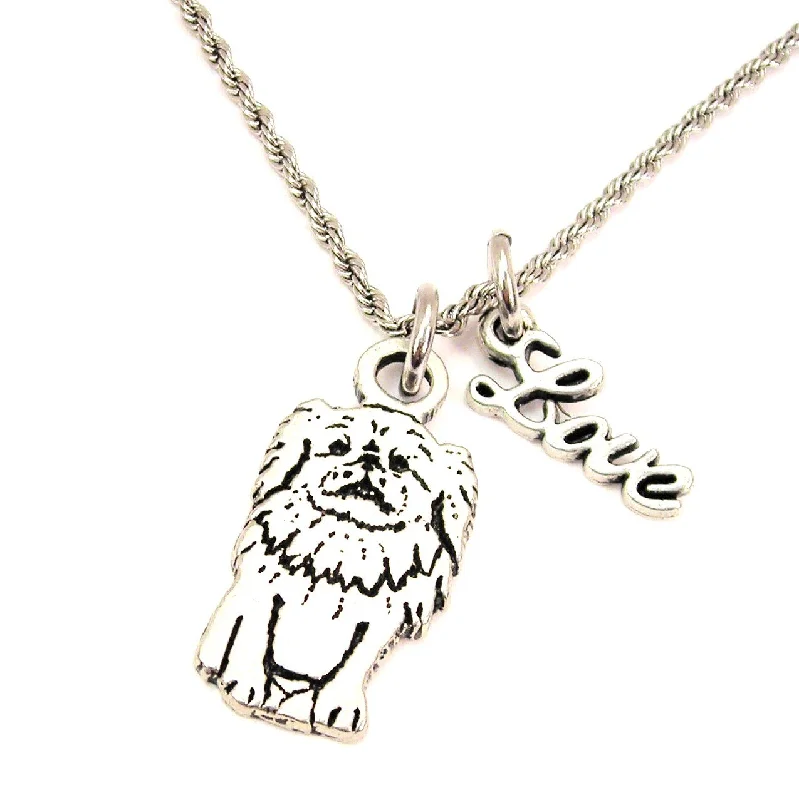 gold heart-shaped necklaces -Sitting Pomeranian 20" Chain Necklace With Cursive Love Accent