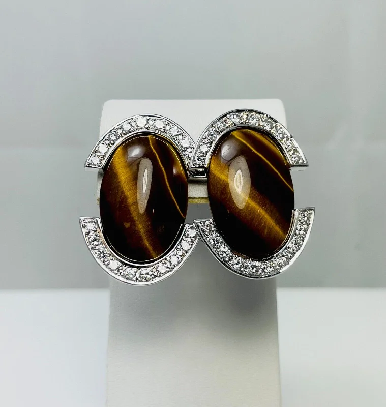 men's style rings for women -pearl stud earrings -Large Vintage Natural Tiger's Eye Diamond 14k White Gold Earrings