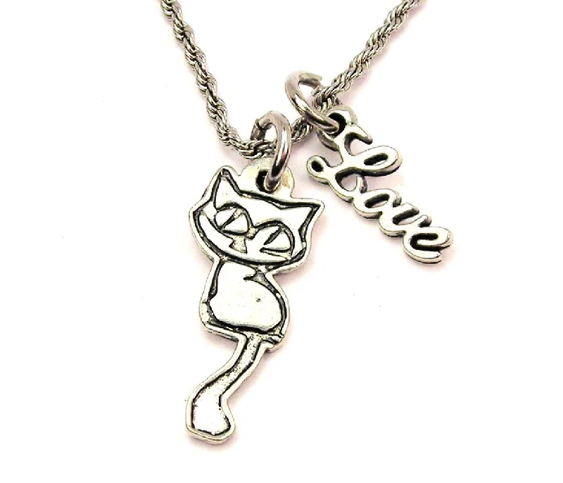 gemstone layered necklaces -Big Eyed Cat 20" Chain Necklace With Cursive Love Accent