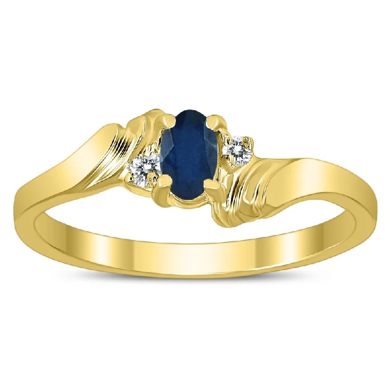 5X3MM Sapphire and Diamond Wave Ring in 10K Yellow Gold