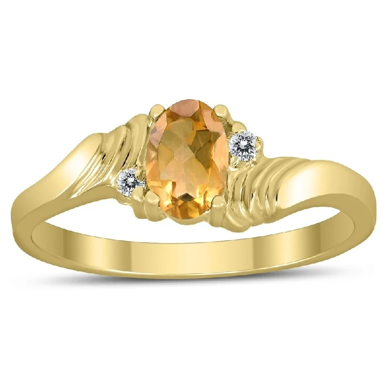 6X4MM Citrine and Diamond Wave Ring in 10K Yellow Gold