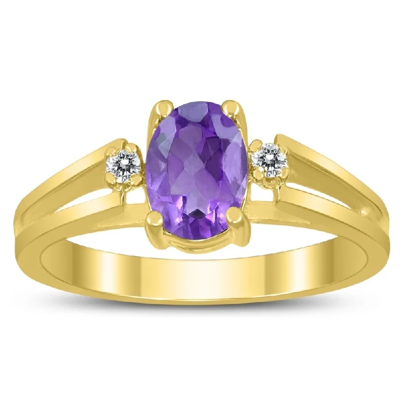 7X5MM Amethyst and Diamond Open Three Stone Ring in 10K Yellow Gold