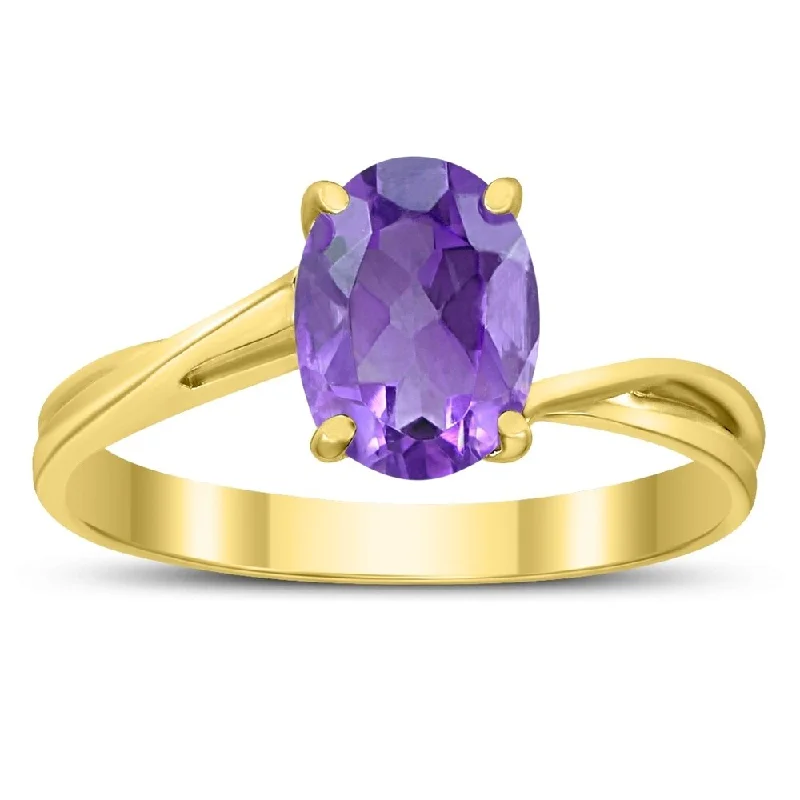 Solitaire Oval 8X6MM Amethyst Gemstone Twist Ring in 10K Yellow Gold